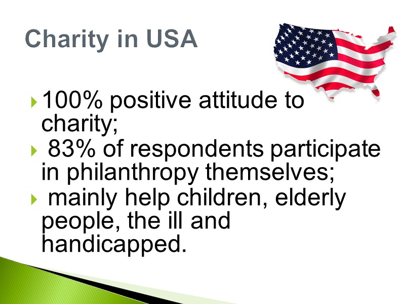 100% positive attitude to charity;  83% of respondents participate in philanthropy themselves; 
